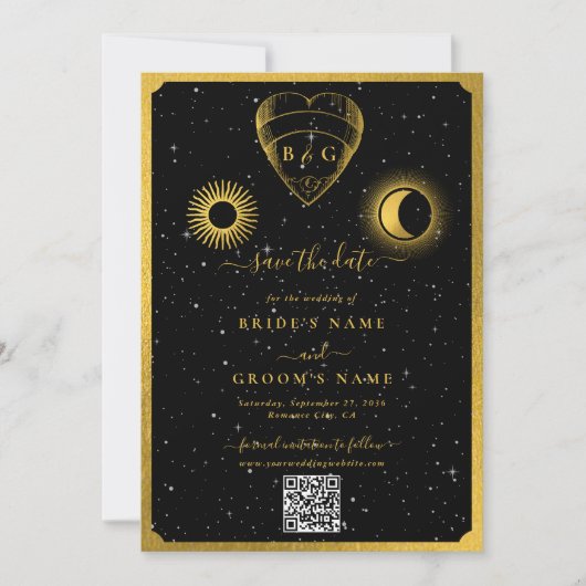 Celestial Stars Crescent Moon Zwart Goud Bruiloft Save The Date (Voorkant)