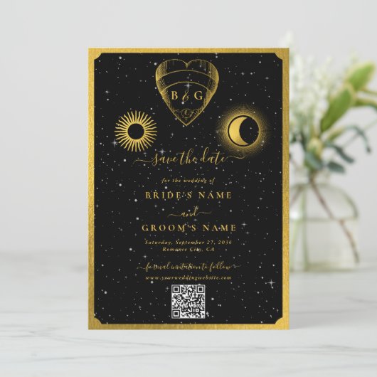 Celestial Stars Crescent Moon Zwart Goud Bruiloft Save The Date (Staand voorkant)