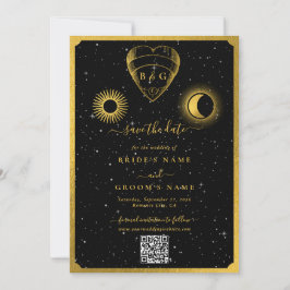 Celestial Stars Crescent Moon Zwart Goud Bruiloft Save The Date