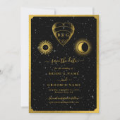 Celestial Stars Crescent Moon Zwart Goud Bruiloft Save The Date (Voorkant)