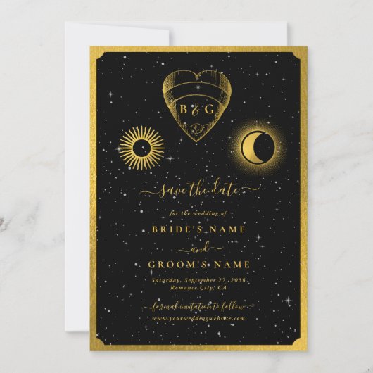 Celestial Stars Crescent Moon Zwart Goud Bruiloft Save The Date (Voorkant)
