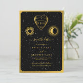 Celestial Stars Crescent Moon Zwart Goud Bruiloft Save The Date (Staand voorkant)