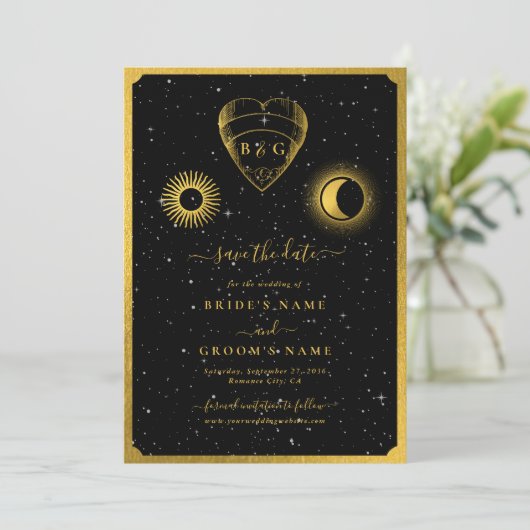 Celestial Stars Crescent Moon Zwart Goud Bruiloft Save The Date (Staand voorkant)