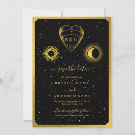 Celestial Stars Crescent Moon Zwart Goud Bruiloft Save The Date