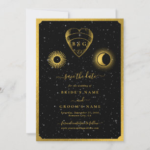Celestial Stars Crescent Moon Zwart Goud Bruiloft Save The Date