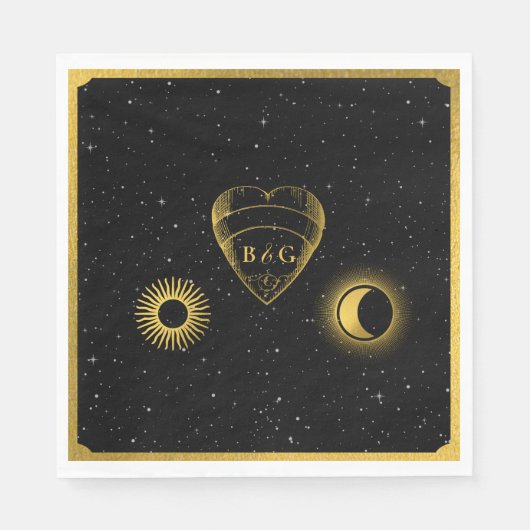 Celestial Stars Crescent Moon Zwart Goud Bruiloft Servet (Voorkant)