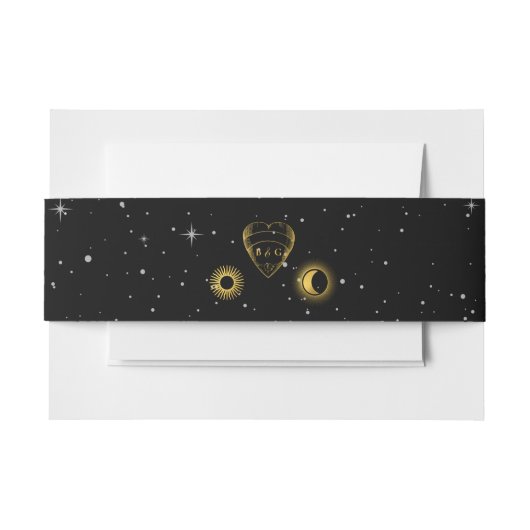 Celestial Stars Crescent Moon Zwart Goud Bruiloft Uitnodigingen Wikkel (Voorkant Voorbeeld)