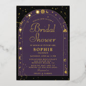 Celestial Stars Moon Gold Boho Arch Vrijgezellenfe Folie Uitnodiging (Voorkant)