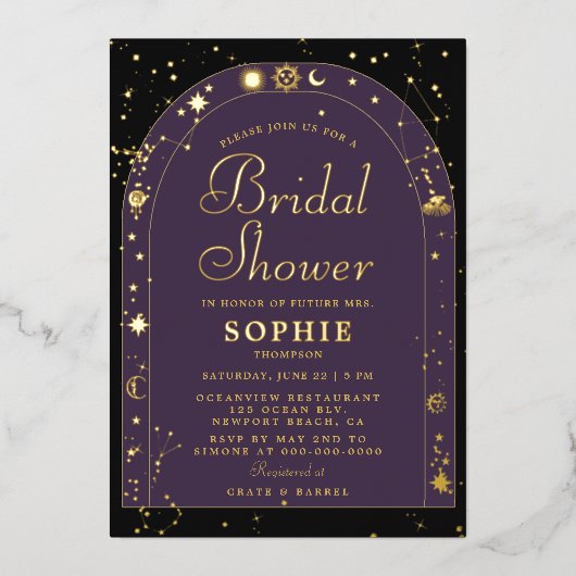 Celestial Stars Moon Gold Boho Arch Vrijgezellenfe Folie Uitnodiging (Voorkant)