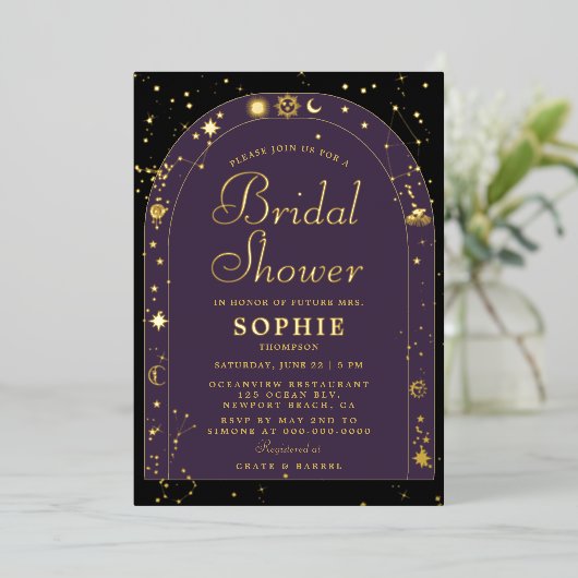 Celestial Stars Moon Gold Boho Arch Vrijgezellenfe Folie Uitnodiging (Staand Voorkant)