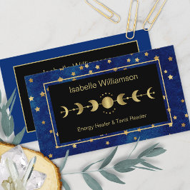 Celestial Stars Moon Phase Navy Blue Gold Visitekaartje