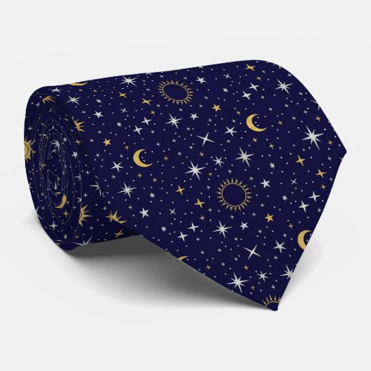 Celestial Stars Moon Sun Blue Gold White Trendy Stropdas (Opgerold)