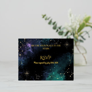 Celestial Stars | Navy/Teal Gold Wedding RSVP card Folie Feestdagen Briefkaart