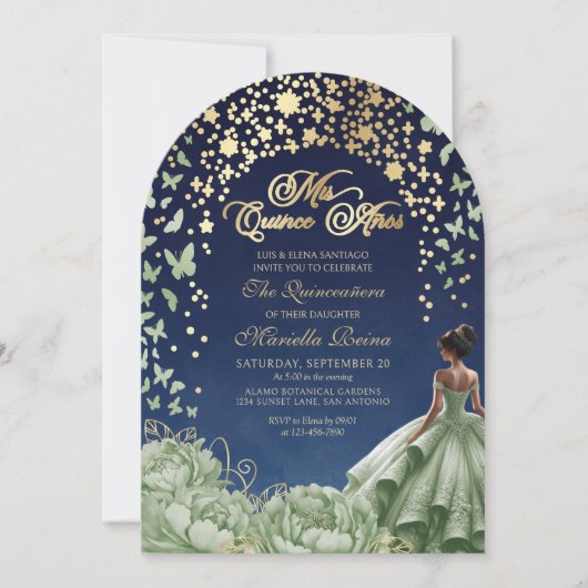 Celestial Stars Sage Green Quinceanera Kaart (Voorkant)