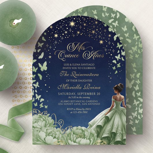 Celestial Stars Sage Green Quinceanera Kaart