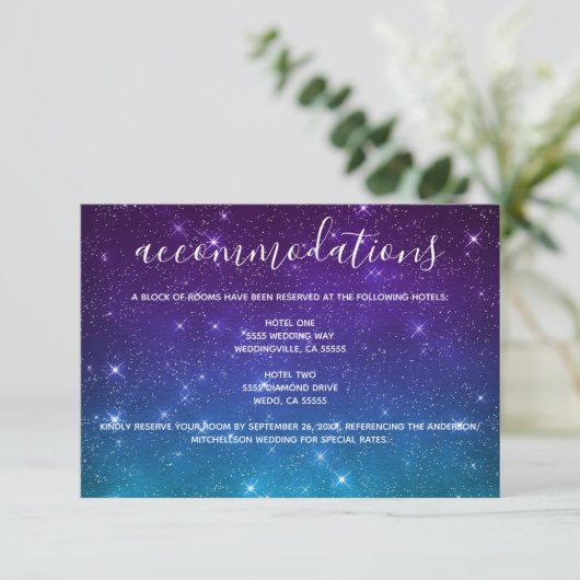 Celestial Stars Script Wedding Accommodations Informatiekaartje (Staand voorkant)