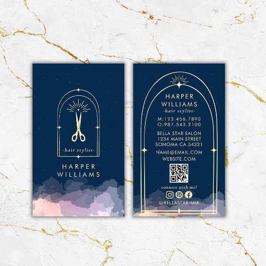 Celestial Stars Tarot Hair Stylist Salon QR Code Visitekaartje