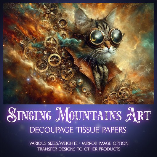 Celestial Steampunk Cat Time Voyage Decoupage Tissuepapier