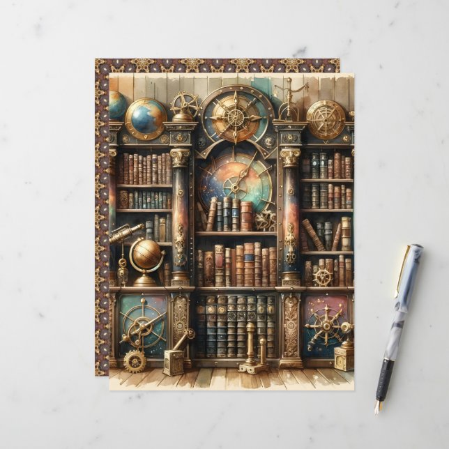 Celestial Steampunk Library Scrapbook Paper (Voorkant / Achterkant in situ)