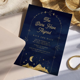 Celestial Sterren Blauw Gouden Halve Maan Bruiloft Save The Date
