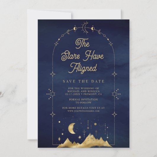 Celestial Sterren Blauw Gouden Halve Maan Bruiloft Save The Date (Voorkant)