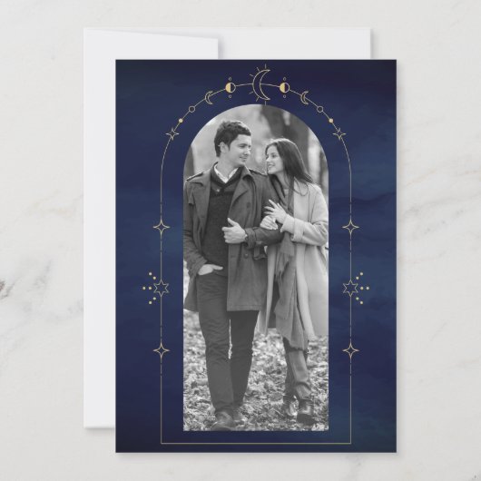 Celestial Sterren Blauw Gouden Halve Maan Bruiloft Save The Date (Achterkant)