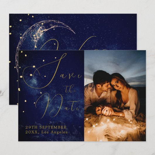Celestial sterren Elegante foto avond bruiloft Save The Date (Voorkant / Achterkant)