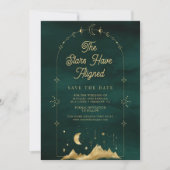 Celestial sterren Emerald gouden halve maan bruilo Save The Date (Voorkant)