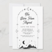 Celestial sterren zwart witte halve maan bruiloft save the date (Voorkant)