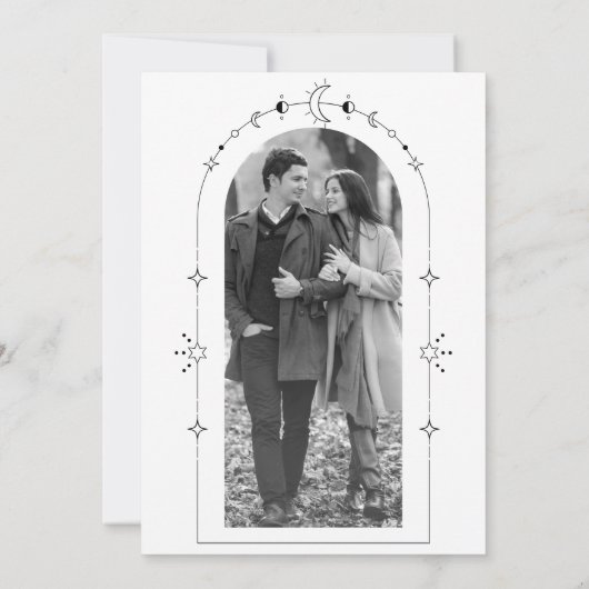 Celestial sterren zwart witte halve maan bruiloft save the date (Achterkant)