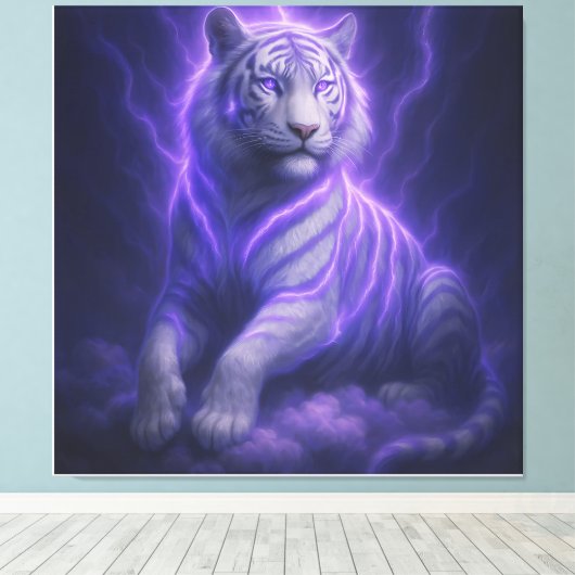 Celestial Storm White Tiger – Electric Blue Aura F Canvas Afdruk (Insitu (Houten vloer))