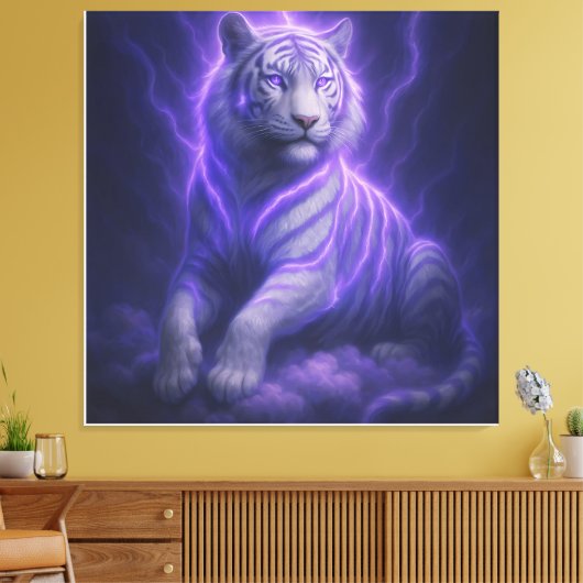 Celestial Storm White Tiger – Electric Blue Aura F Canvas Afdruk (Insitu (Woonkamer))