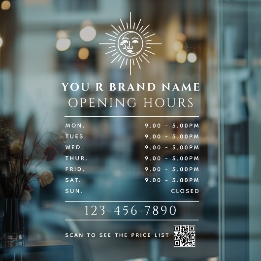 Celestial Sun and Moon Opening Hours QR code Raamsticker