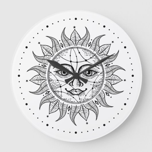 Celestial Sun Black & White  Style Sun Face Grote Klok (Voorkant)
