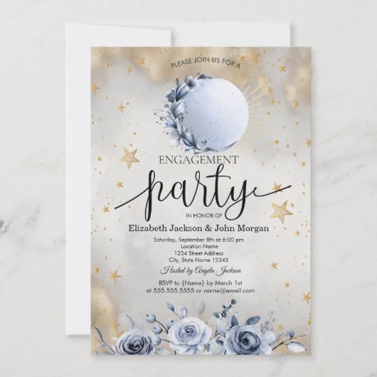 Celestial Sun, Blue Moon Rozen Sterren Verloving Kaart (Voorkant)