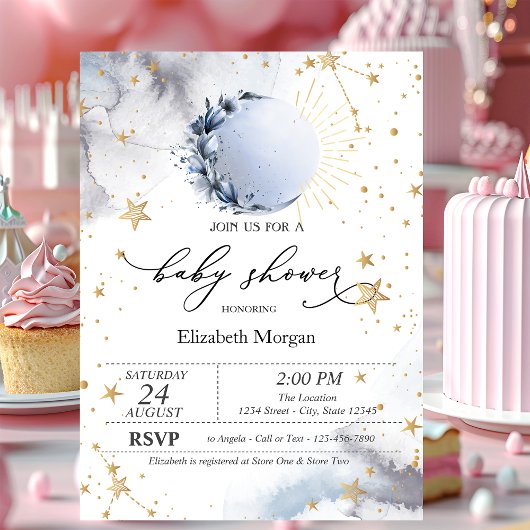 Celestial Sun, Blue Moon, Sterren Baby shower Kaart