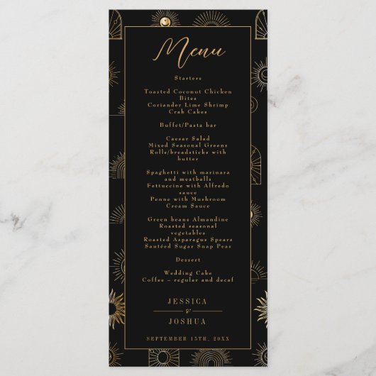 Celestial Sun Crescent Moon Zwart Gouden Menu (Voorkant)