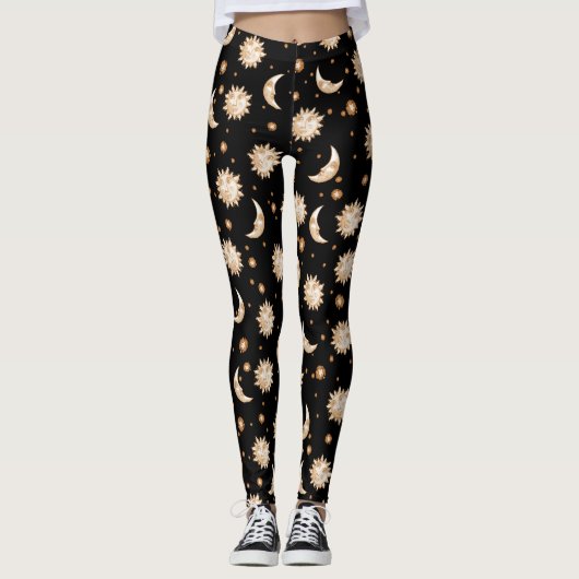 Celestial Sun en Moon Gold Black Pattern Leggings (Voorkant)