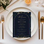 Celestial Sun en Moon Navy Gold-menukaart<br><div class="desc">Deze unieke, aanpasbare trouwmenukaart is ontworpen om te coördineren met ons Celestial Mystic Collectie en biedt prachtige gouden hemellichamen op een donkere marinekleur. Voor een meer geavanceerde aanpassing van dit ontwerp, bijvoorbeeld het wijzigen van de lay-out, het lettertype of de tekstgrootte, klikt u hierboven op de knop "AANPASSEN". Neem contact...</div>