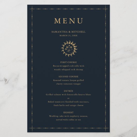 Celestial Sun en Moon Navy Gold-menukaart (Voorkant)