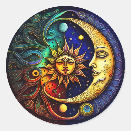 Celestial Sun en Moon Ronde Sticker (Voorkant)