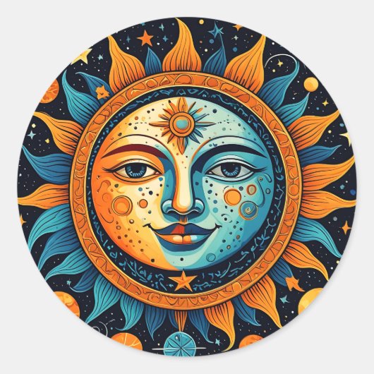 Celestial Sun en Moon Ronde Sticker (Voorkant)