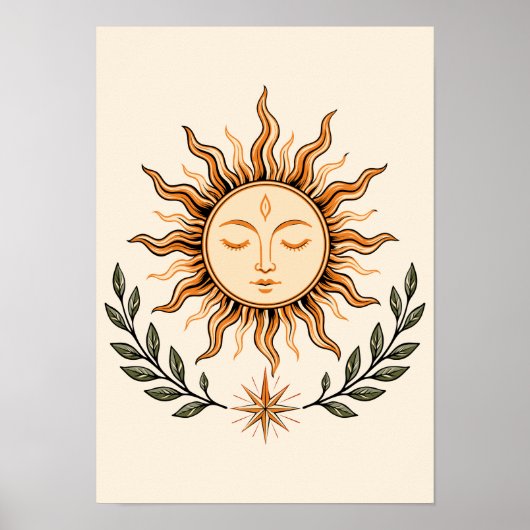 Celestial Sun Face Botanical Mystical Art Poster (Voorkant)