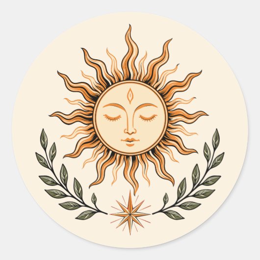 Celestial Sun Face Botanical Mystical Art Ronde Sticker (Voorkant)