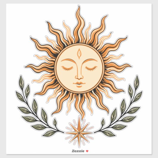 Celestial Sun Face Botanical Mystical Art Sticker (Vel)