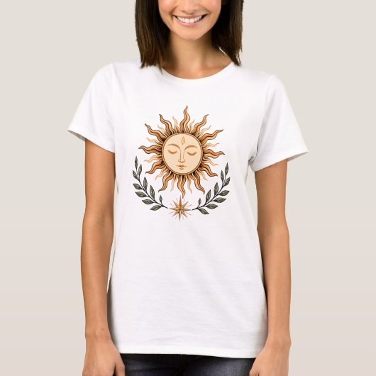 Celestial Sun Face Botanical Mystical Art T-shirt (Voorkant)