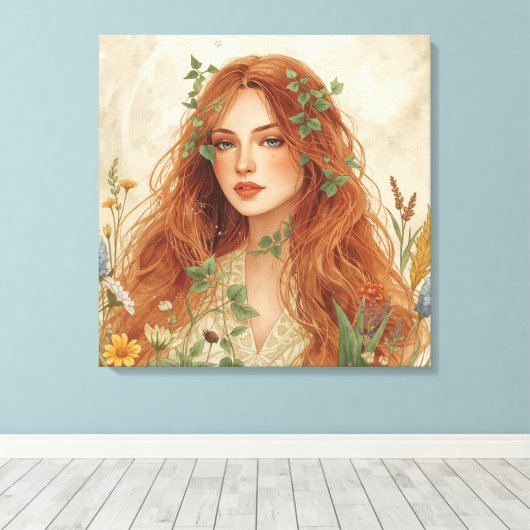 Celestial Sun Goddess Boho Wall Art | Radiant Canvas Afdruk (Insitu (Houten vloer))