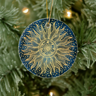 Celestial Sun Mandala Blue Gold Confetti Keramisch Ornament