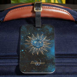 Celestial Sun Monogram Glitter Kosmische Navy Chic Bagagelabel