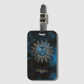 Celestial Sun Monogram Glitter Kosmische Navy Chic Bagagelabel (Voorkant (verticaal))